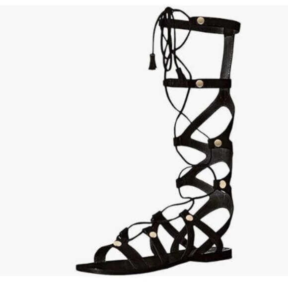 YDN Women Sexy Knee High Lace up Flats Fringe Low Heel Gladiator Strap Sandals - Picture 1 of 8